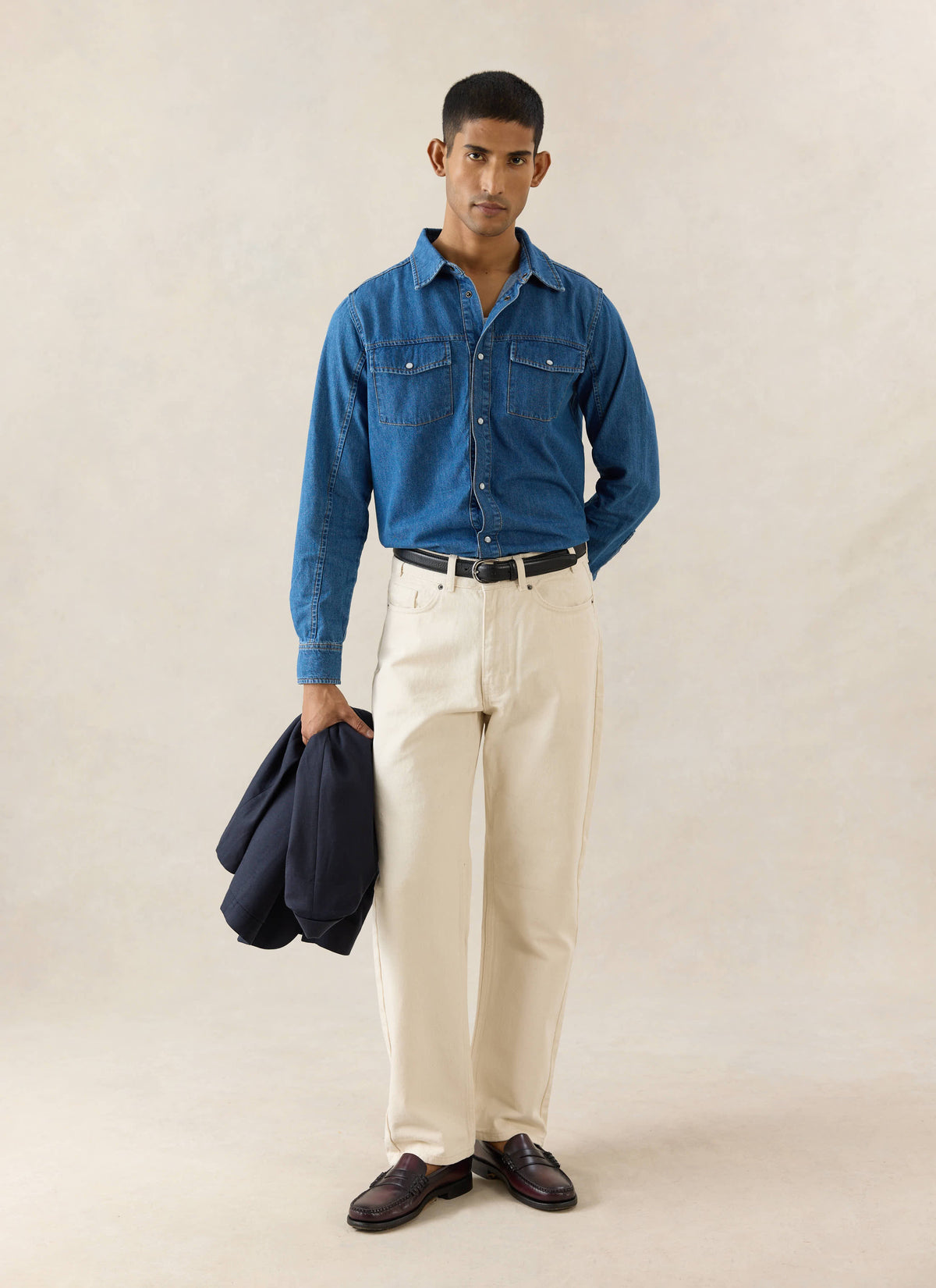 Men's Denim Western Shirt - Cotton - Mid Wash Blue - Percival | Percival Popular