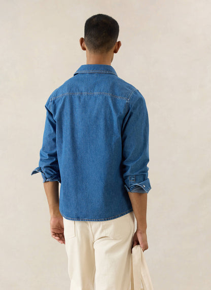 Men's Denim Western Shirt - Cotton - Mid Wash Blue - Percival | Percival Popular