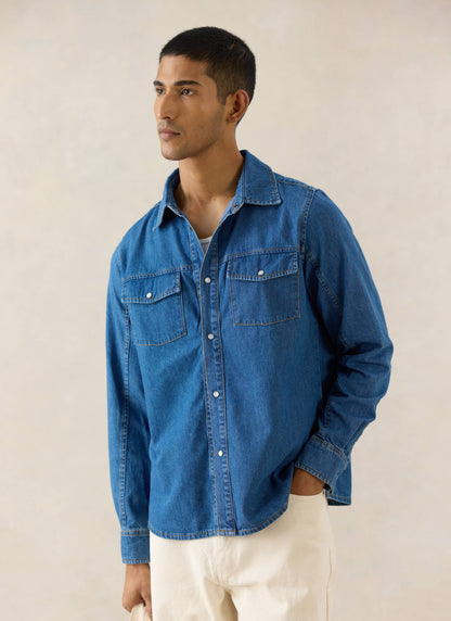 Men's Denim Western Shirt - Cotton - Mid Wash Blue - Percival | Percival Popular
