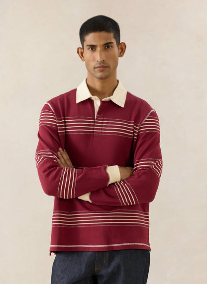 Men's Editor Striped Rugby Polo - Burgundy - 100% Cotton | Percival Classic