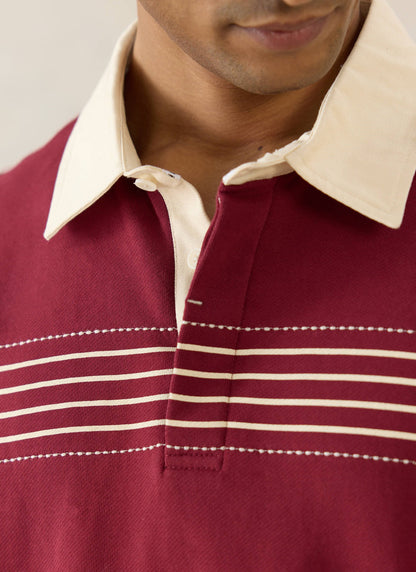 Men's Editor Striped Rugby Polo - Burgundy - 100% Cotton | Percival Classic
