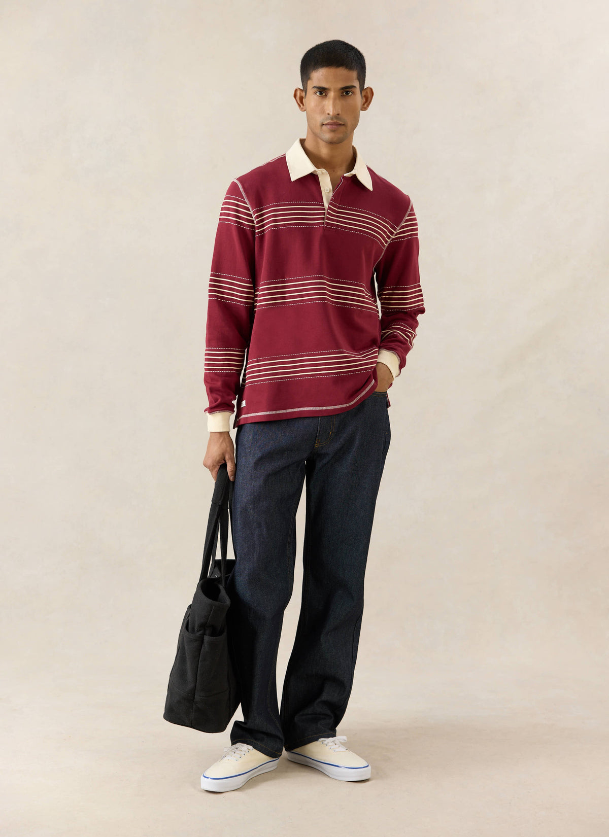 Men's Editor Striped Rugby Polo - Burgundy - 100% Cotton | Percival Classic