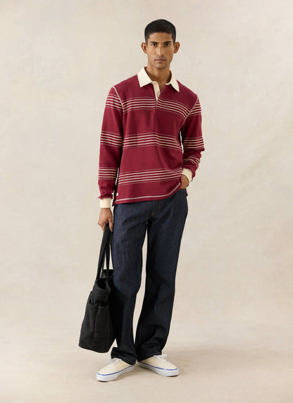 Men's Editor Striped Rugby Polo - Burgundy - 100% Cotton | Percival Classic