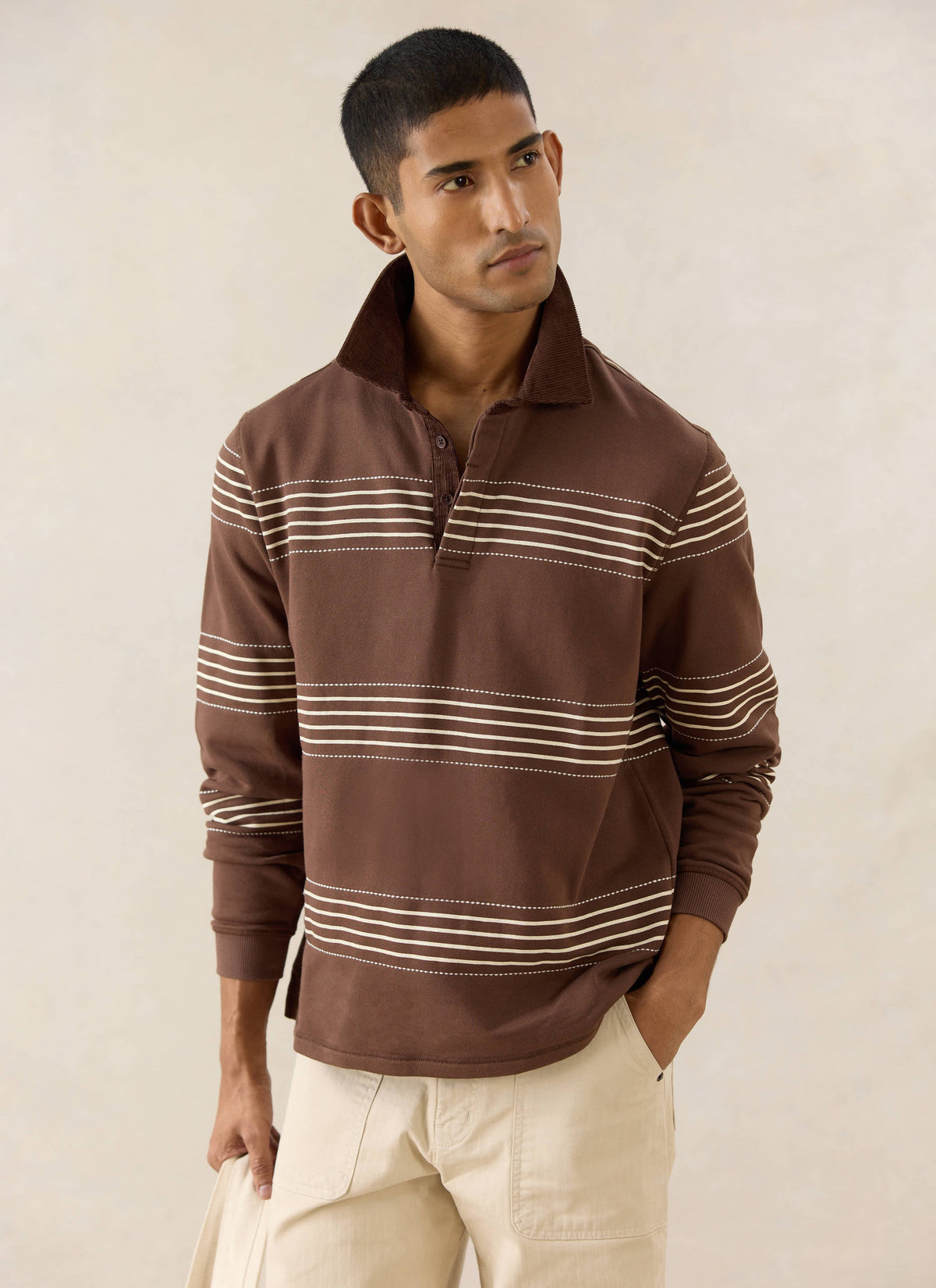 Men's Long Sleeve Rugby Polo Shirt - Cotton - Brown Stripe - Percival | Percival Featured