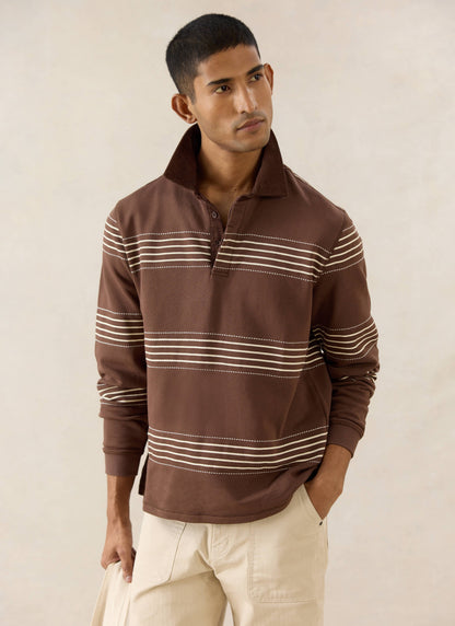 Men's Long Sleeve Rugby Polo Shirt - Cotton - Brown Stripe - Percival | Percival Featured