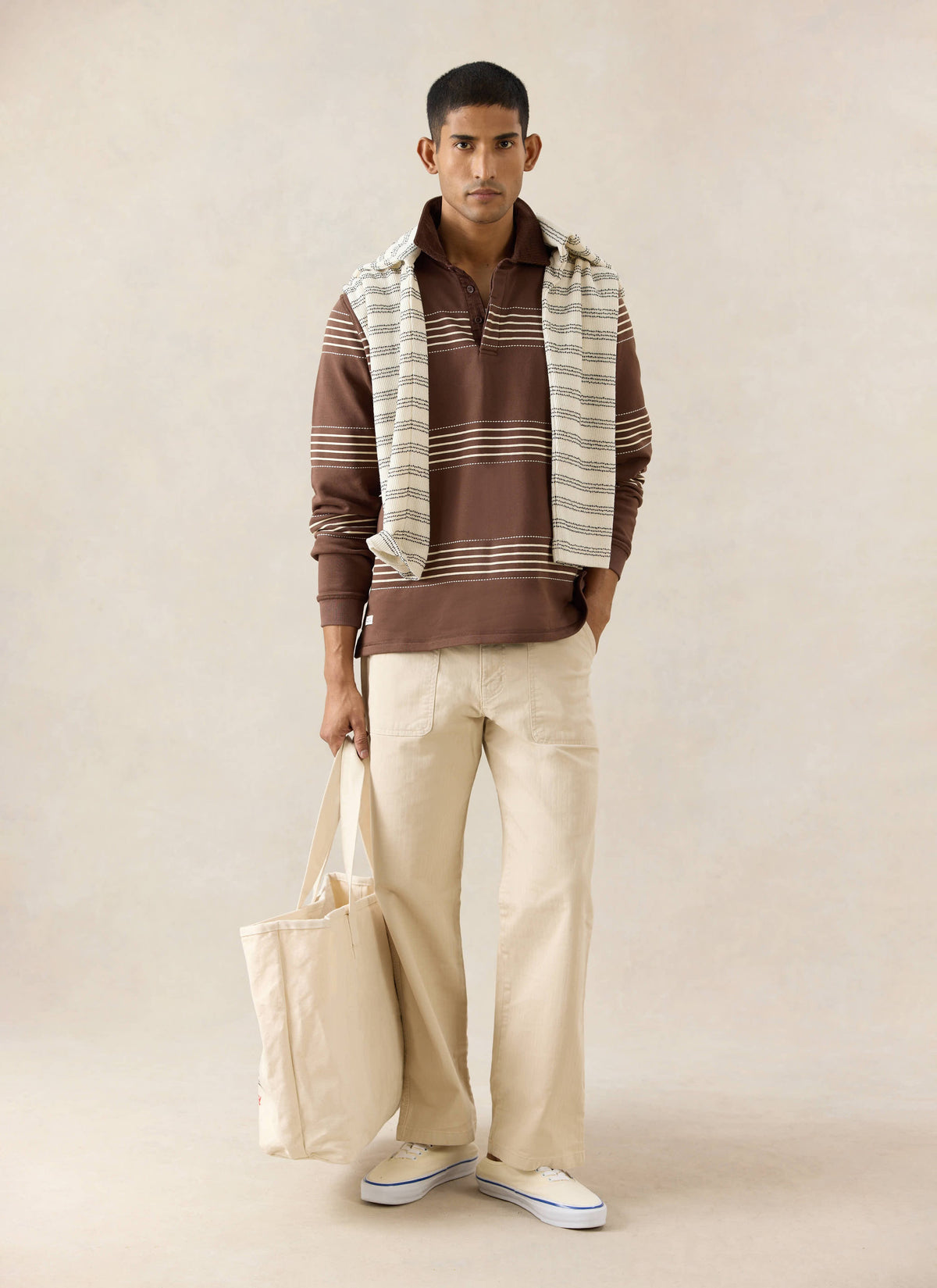 Men's Long Sleeve Rugby Polo Shirt - Cotton - Brown Stripe - Percival | Percival Featured
