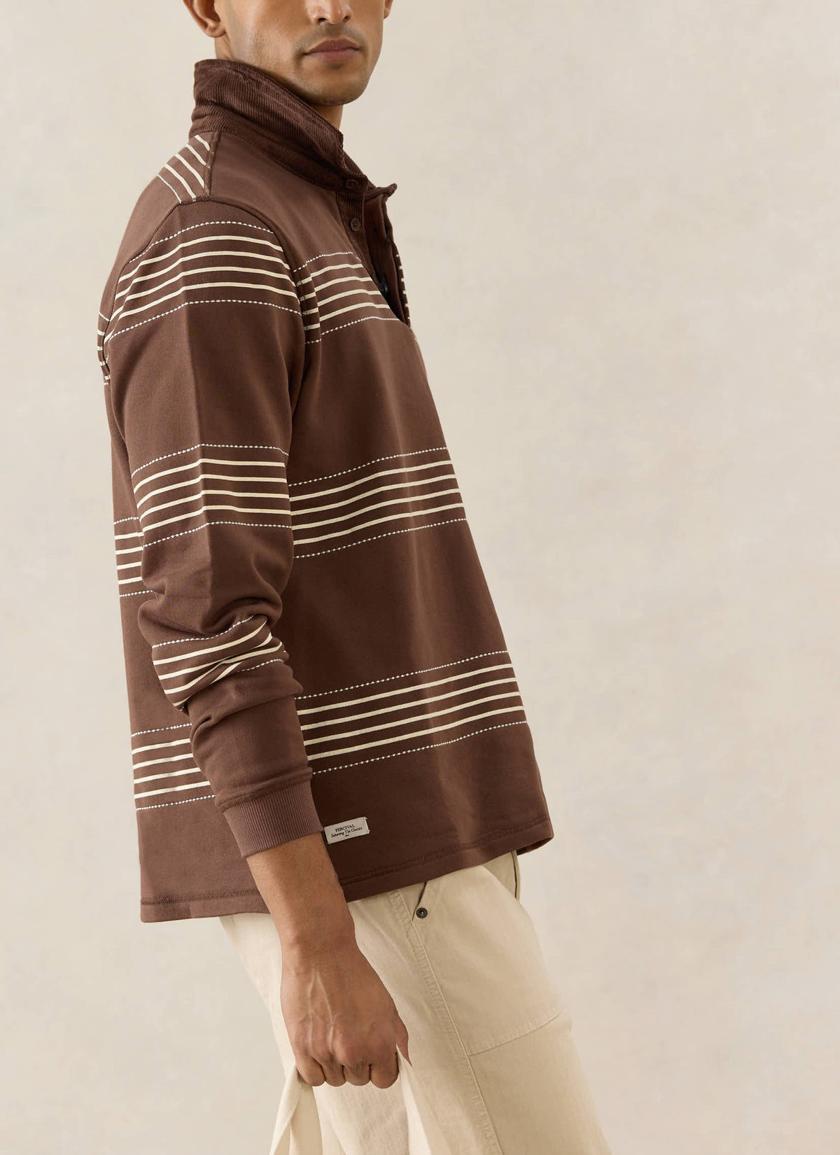 Men's Long Sleeve Rugby Polo Shirt - Cotton - Brown Stripe - Percival | Percival Featured