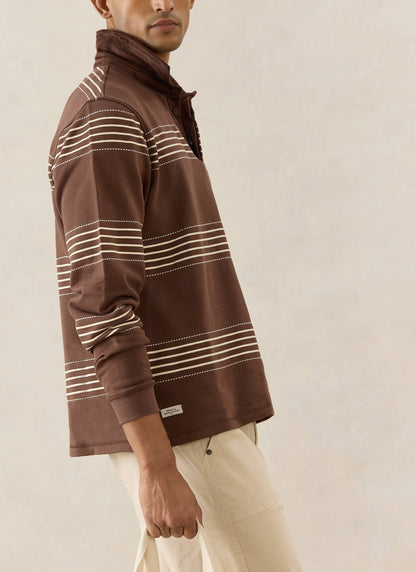 Men's Long Sleeve Rugby Polo Shirt - Cotton - Brown Stripe - Percival | Percival Featured