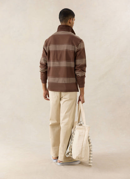 Men's Long Sleeve Rugby Polo Shirt - Cotton - Brown Stripe - Percival | Percival Featured