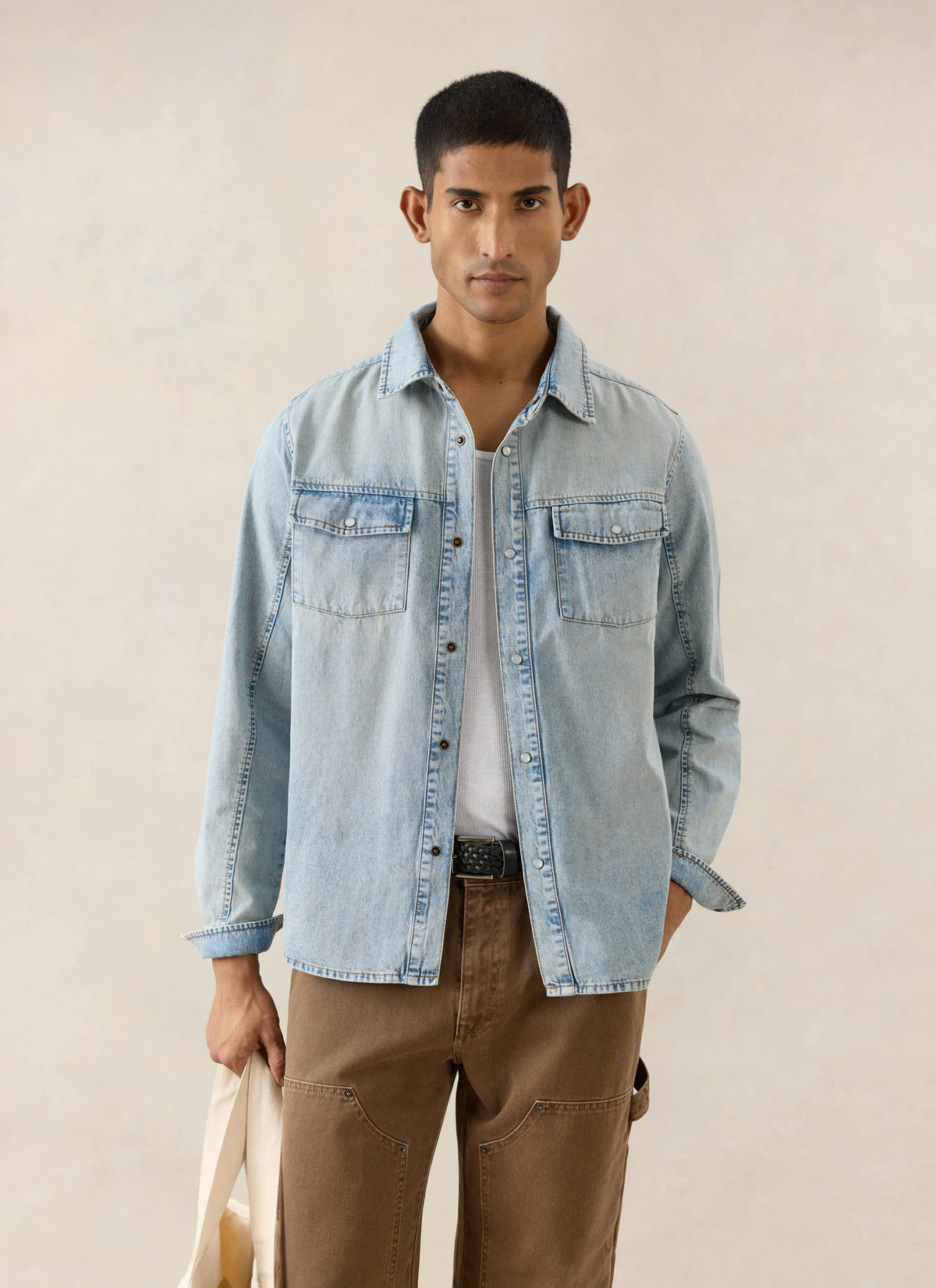 Men's Denim Western Shirt - Cotton - Stone Wash | Percival New