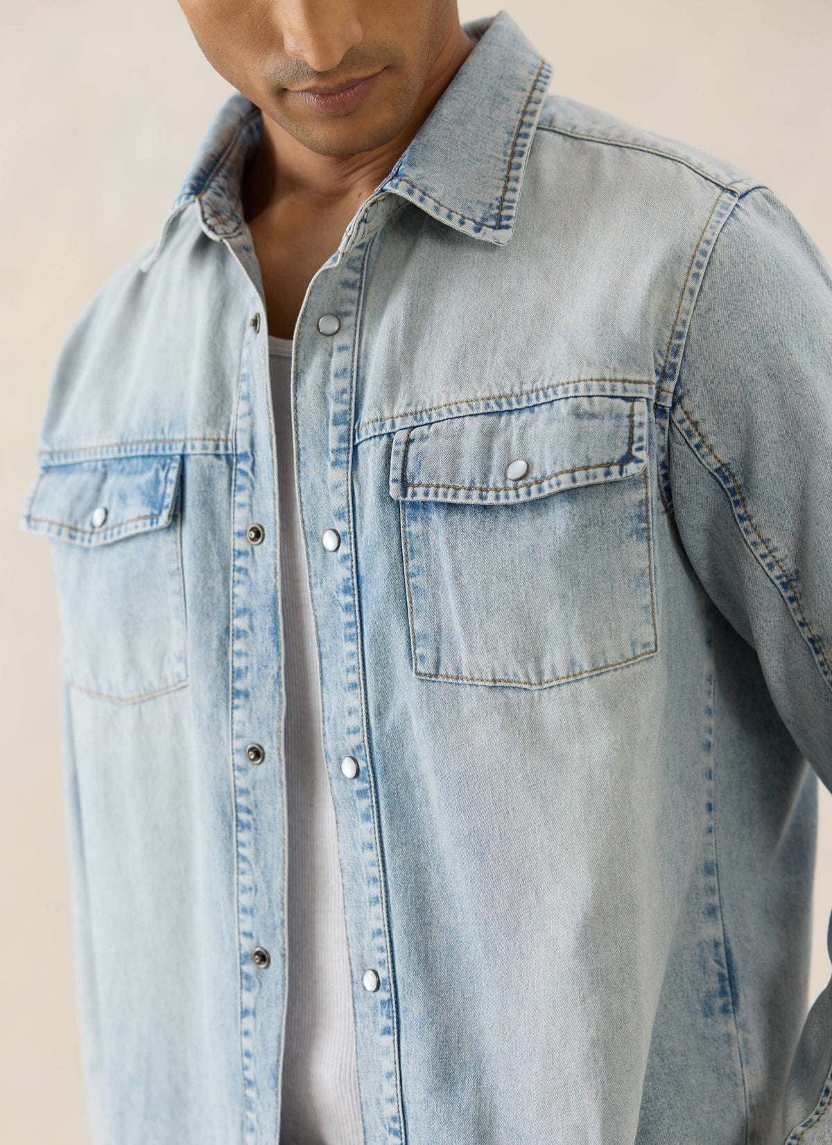 Men's Denim Western Shirt - Cotton - Stone Wash | Percival New