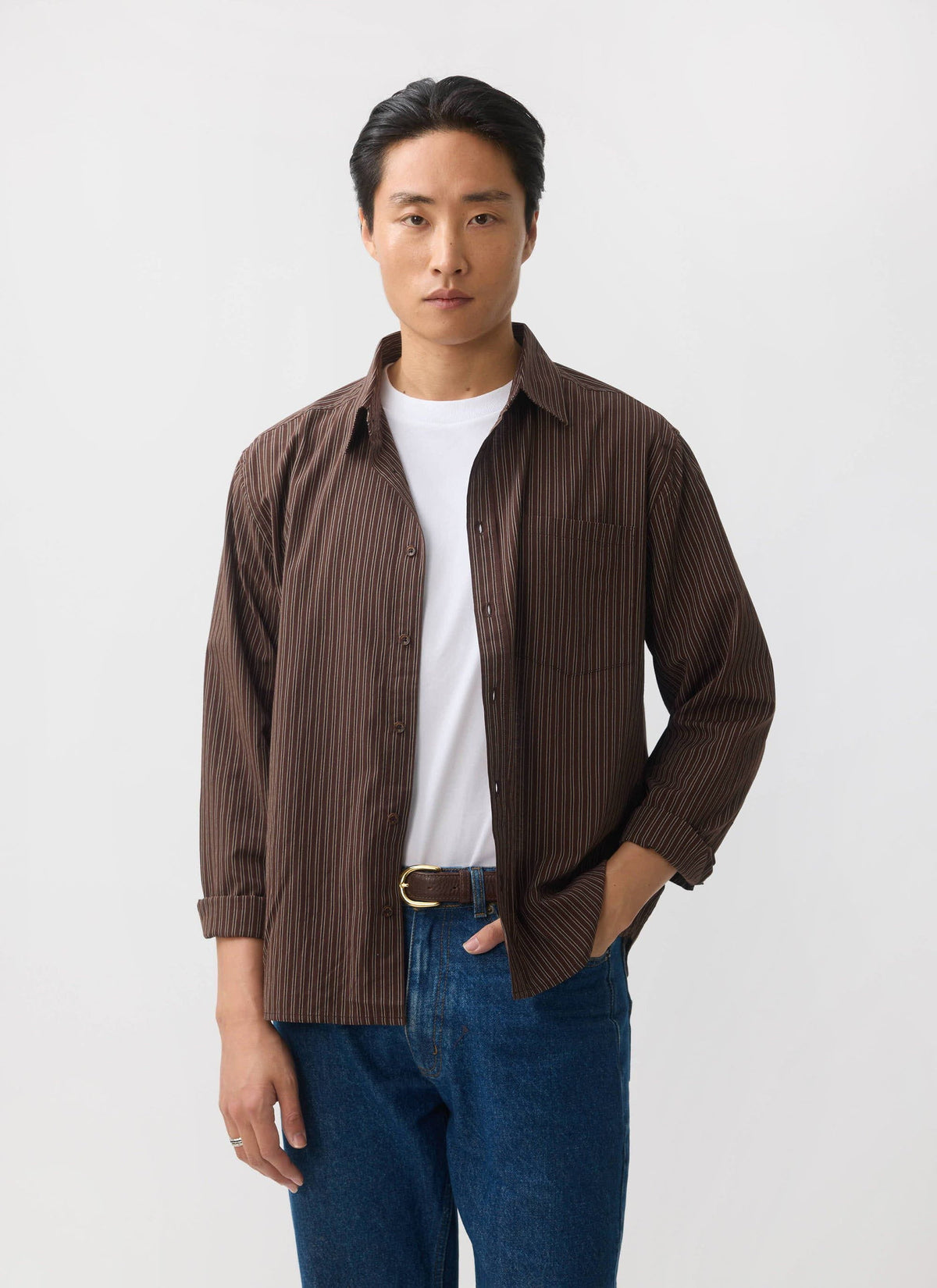 Clancy Striped Long Sleeve Shirt - Cotton - Brown | Percival Everyday