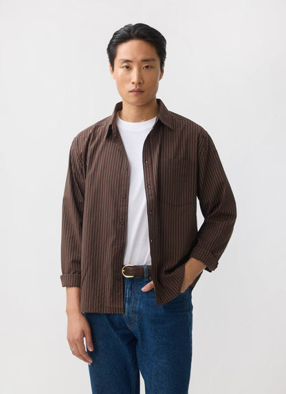 Clancy Striped Long Sleeve Shirt - Cotton - Brown | Percival Everyday