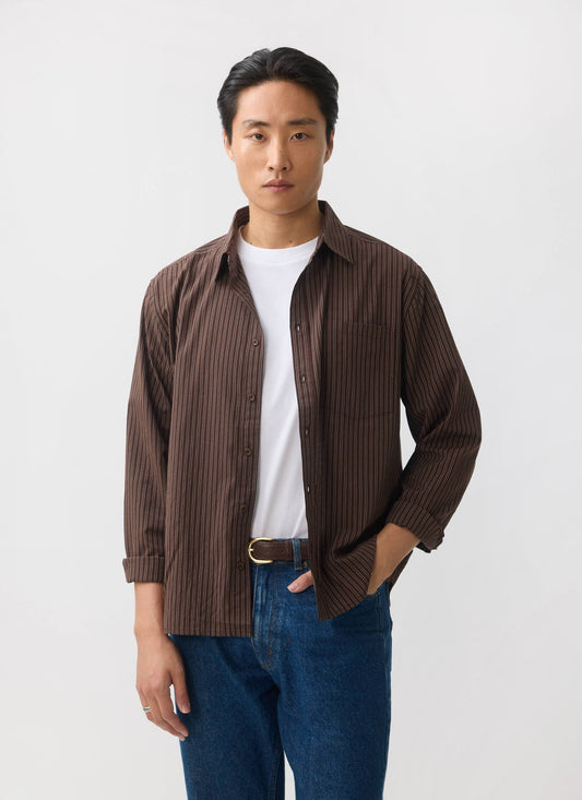 Clancy Striped Long Sleeve Shirt - Cotton - Brown | Percival Everyday