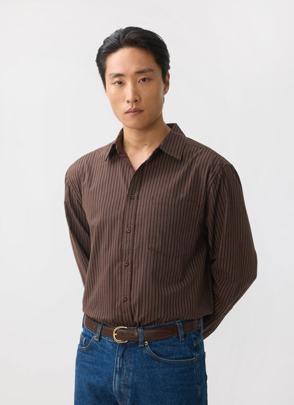 Clancy Striped Long Sleeve Shirt - Cotton - Brown | Percival Everyday