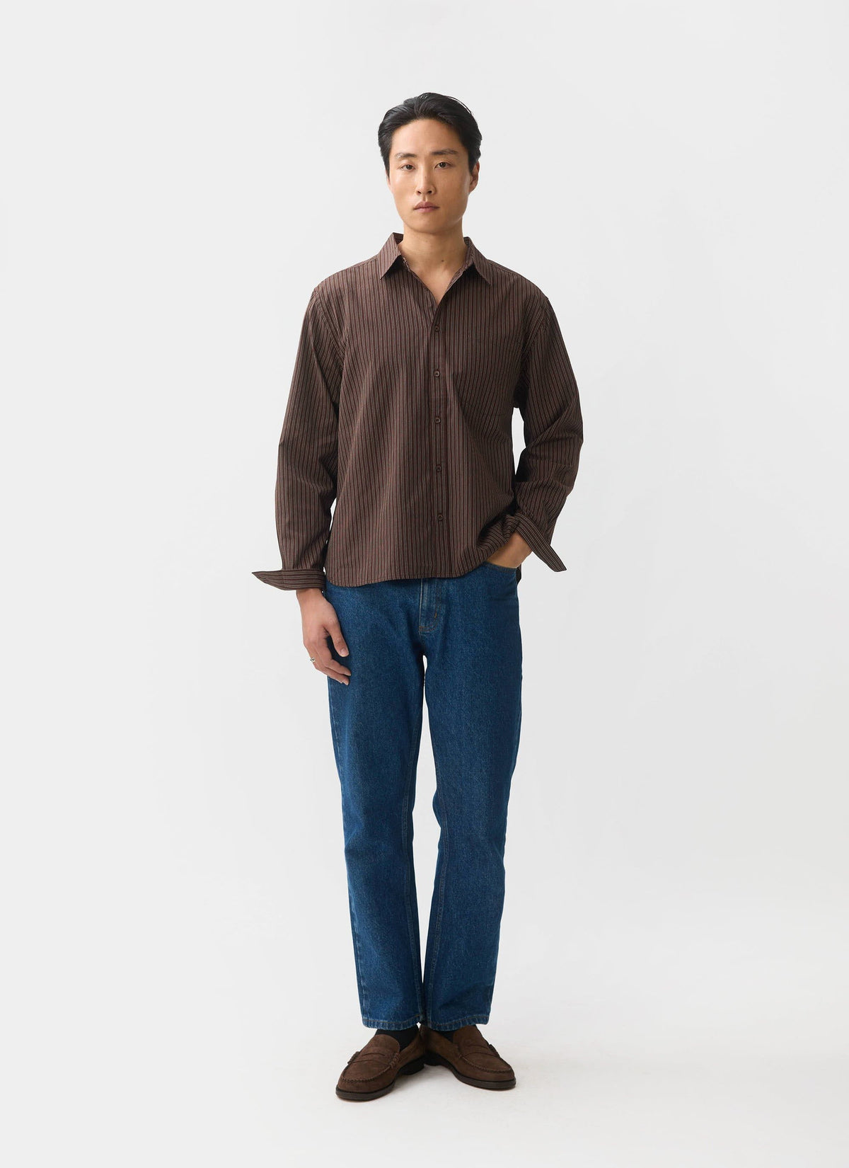 Clancy Striped Long Sleeve Shirt - Cotton - Brown | Percival Everyday