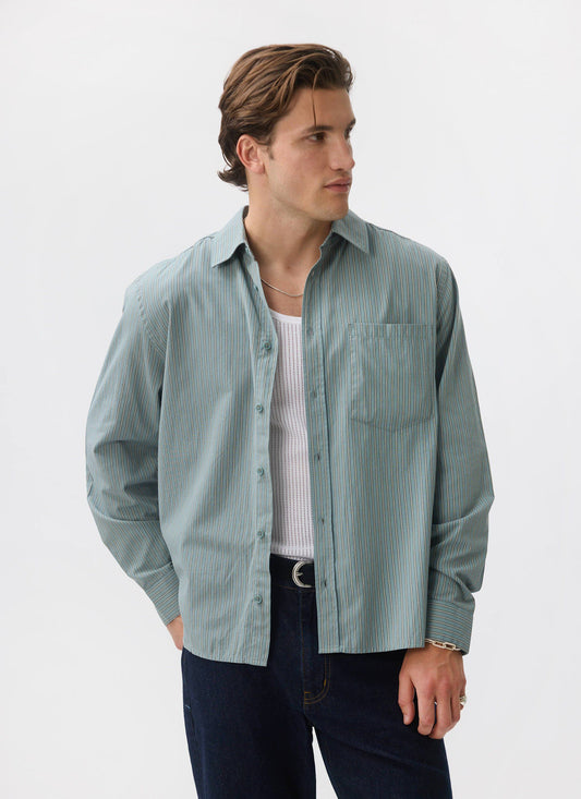 Clancy Striped Long Sleeve Shirt - Cotton - Blue | Percival Customer Favorite