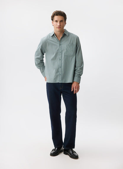 Clancy Striped Long Sleeve Shirt - Cotton - Blue | Percival Customer Favorite