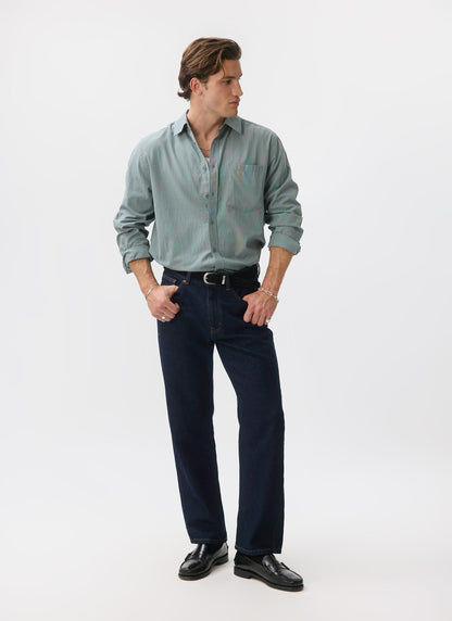 Clancy Striped Long Sleeve Shirt - Cotton - Blue | Percival Customer Favorite