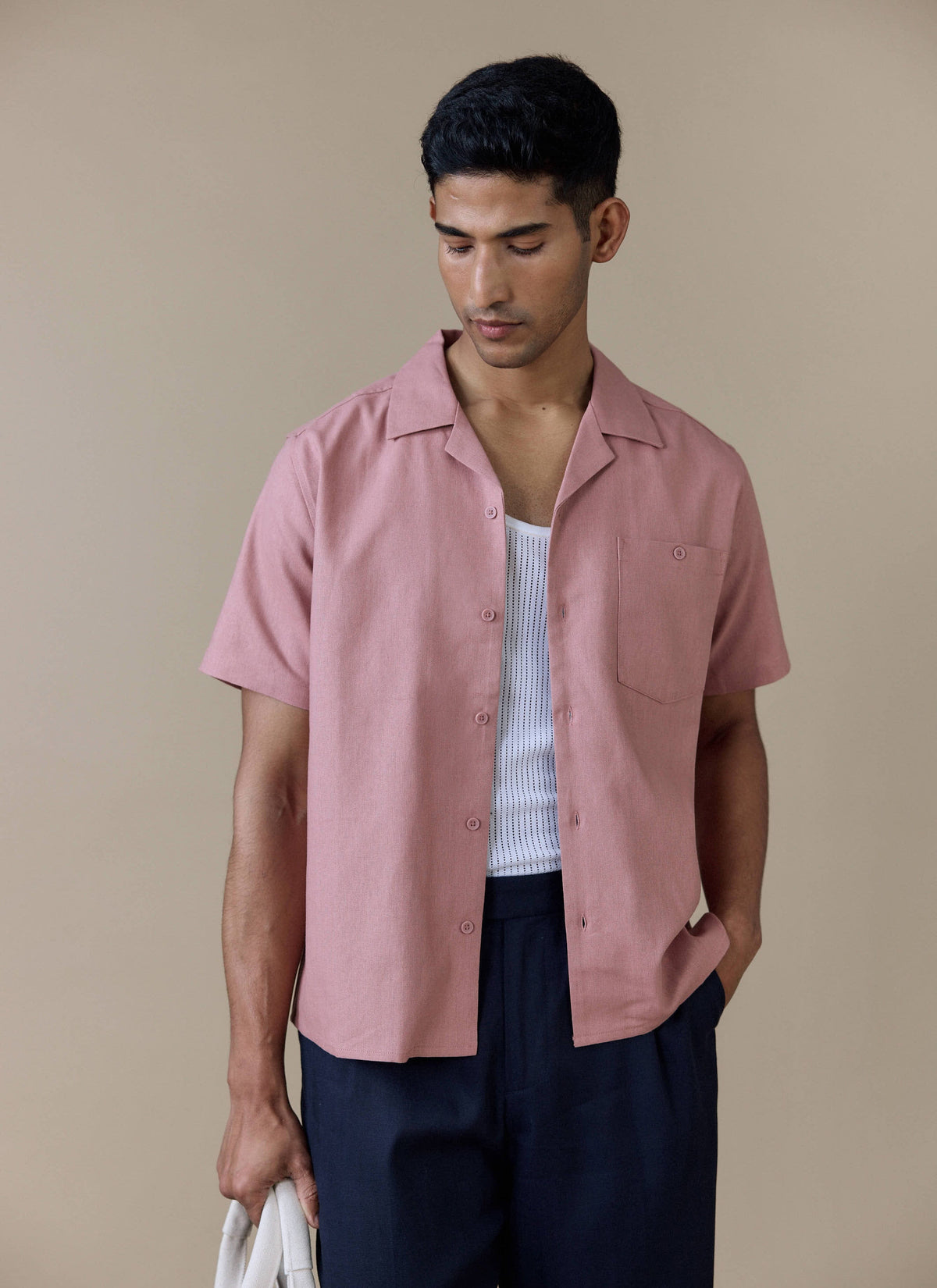 Men's Short Sleeve Cuban Shirt - Linen Blend - Dusty Pink | Percival Premium