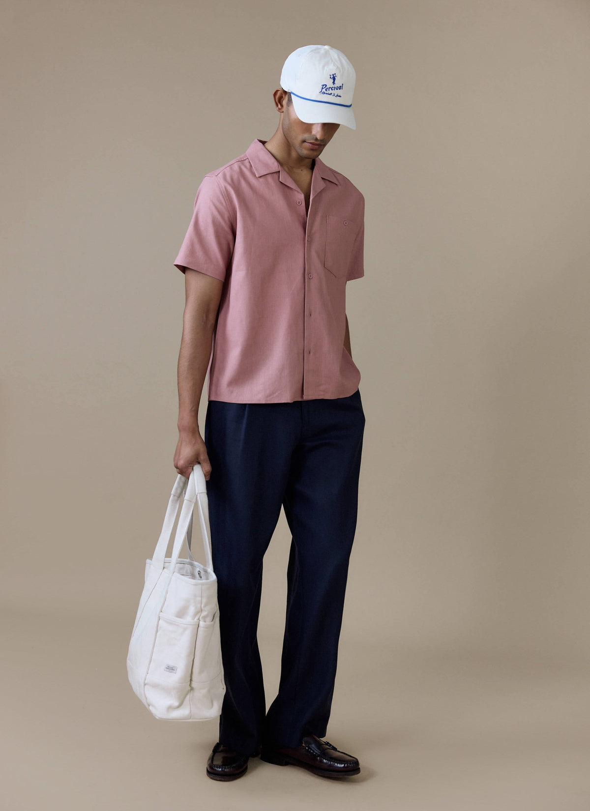 Men's Short Sleeve Cuban Shirt - Linen Blend - Dusty Pink | Percival Premium