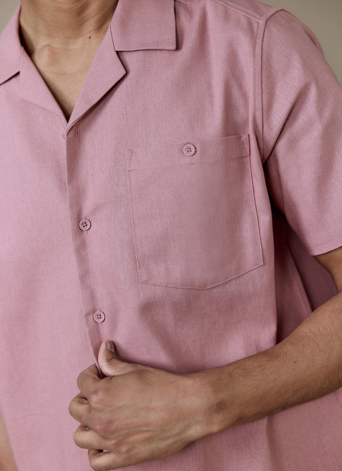 Men's Short Sleeve Cuban Shirt - Linen Blend - Dusty Pink | Percival Premium