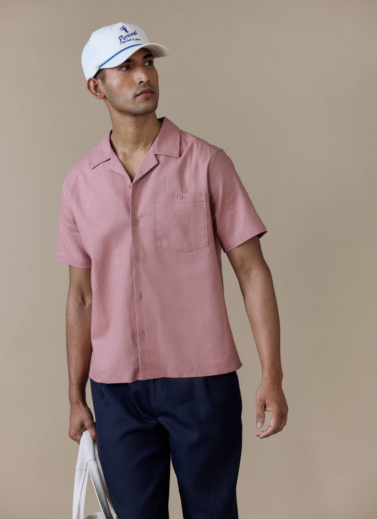 Men's Short Sleeve Cuban Shirt - Linen Blend - Dusty Pink | Percival Premium