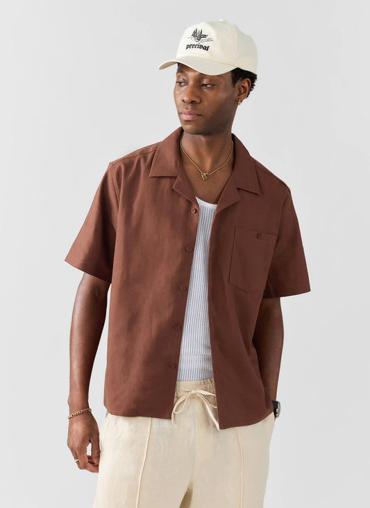 Men's Cuban Collar Shirt - Linen - Brown | Percival New