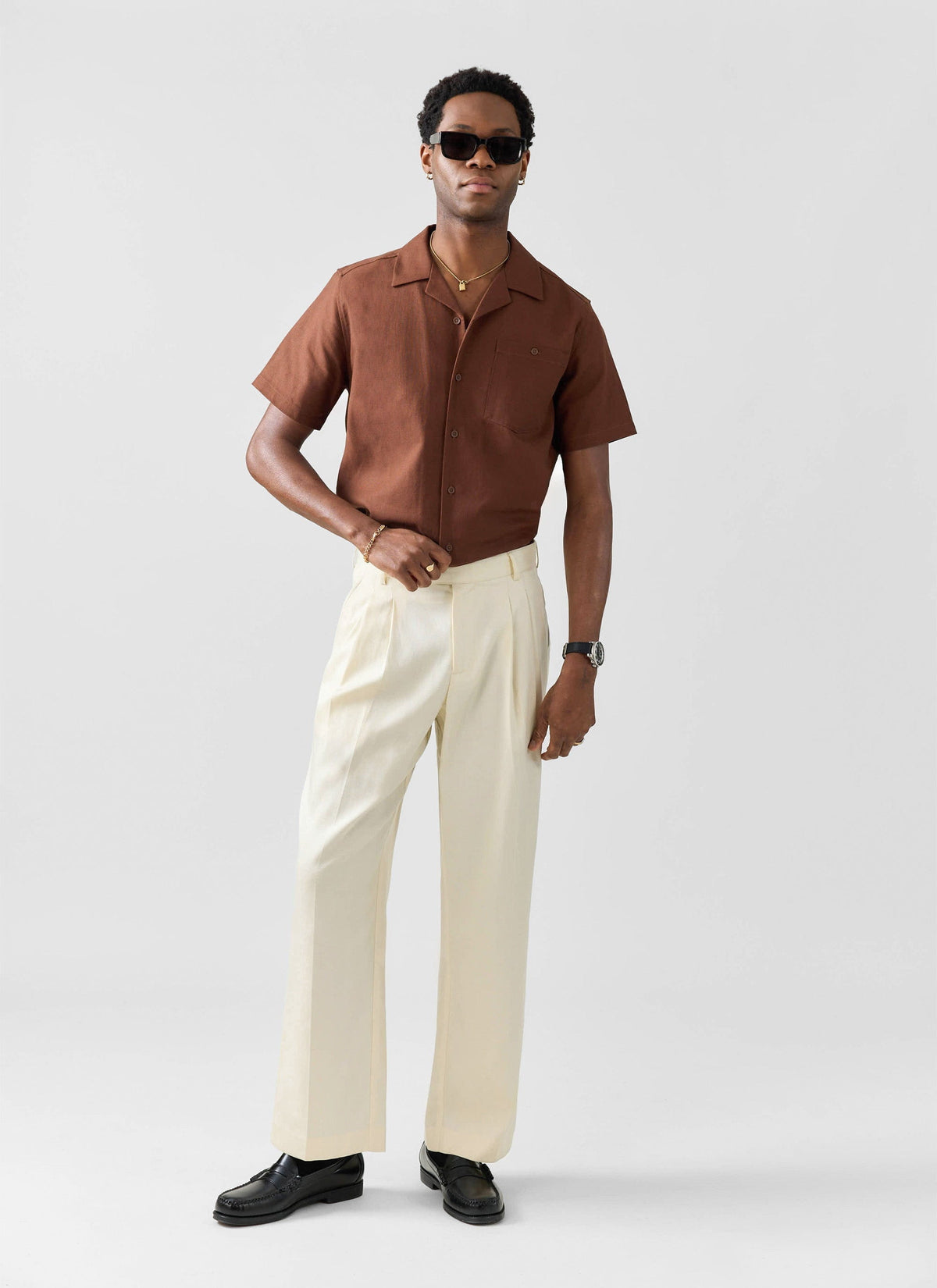 Men's Cuban Collar Shirt - Linen - Brown | Percival New