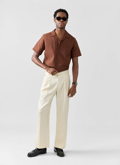 Men's Cuban Collar Shirt - Linen - Brown | Percival New