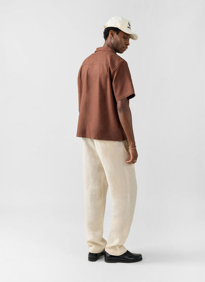 Men's Cuban Collar Shirt - Linen - Brown | Percival New