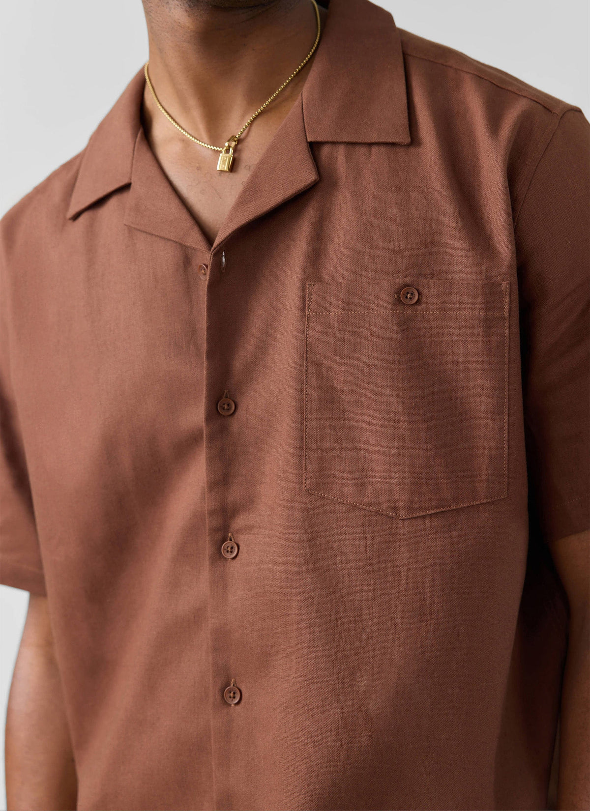 Men's Cuban Collar Shirt - Linen - Brown | Percival New