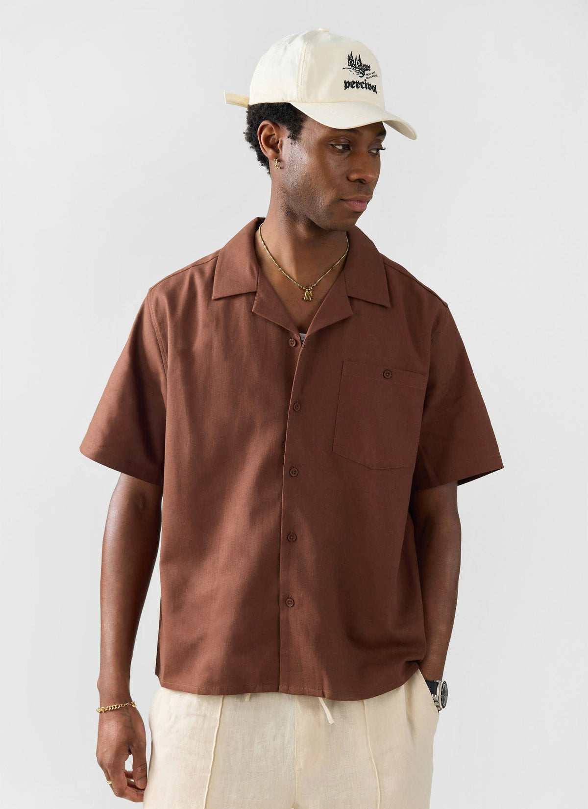 Men's Cuban Collar Shirt - Linen - Brown | Percival New