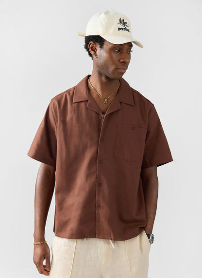 Men's Cuban Collar Shirt - Linen - Brown | Percival New
