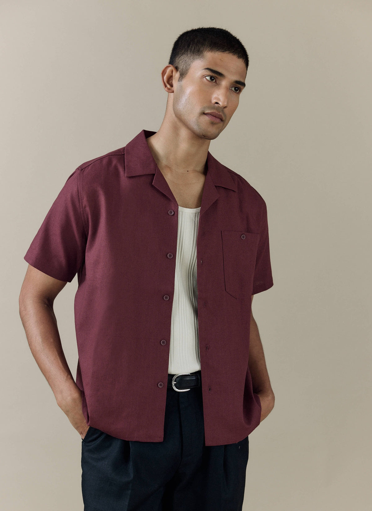 Men's Short Sleeve Cuban Shirt - Linen Blend - Merlot | Percival Latest