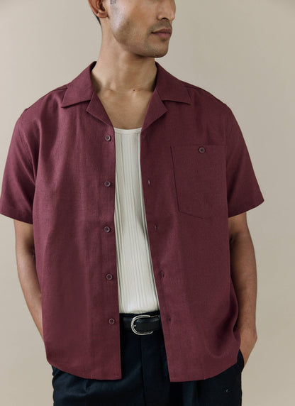 Men's Short Sleeve Cuban Shirt - Linen Blend - Merlot | Percival Latest