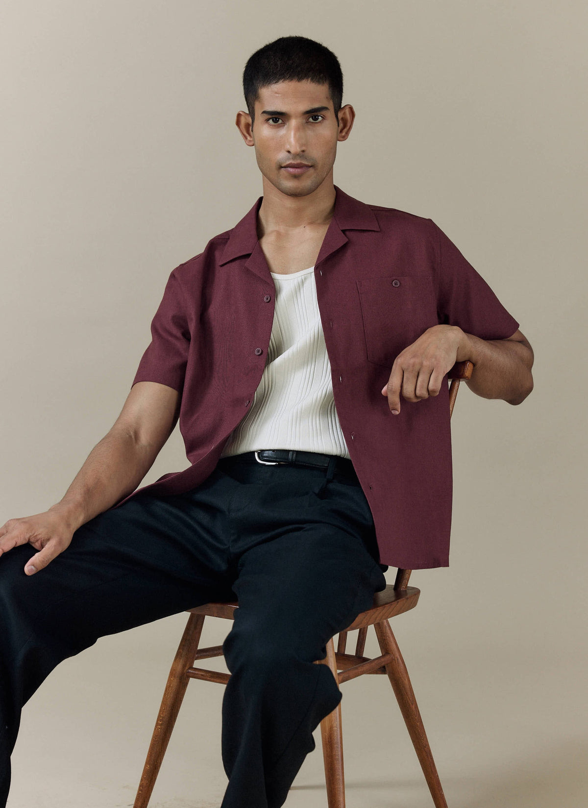 Men's Short Sleeve Cuban Shirt - Linen Blend - Merlot | Percival Latest