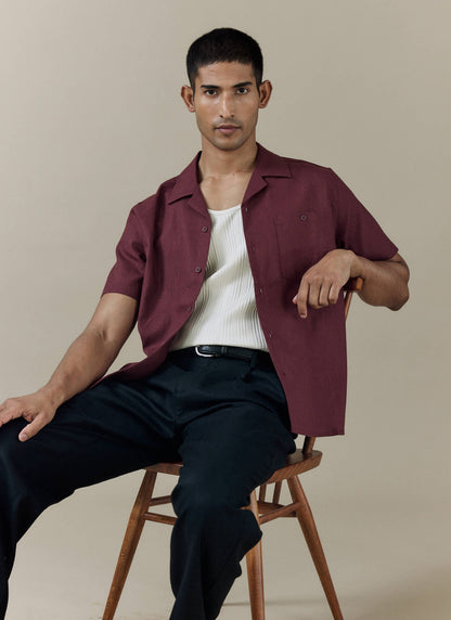Men's Short Sleeve Cuban Shirt - Linen Blend - Merlot | Percival Latest