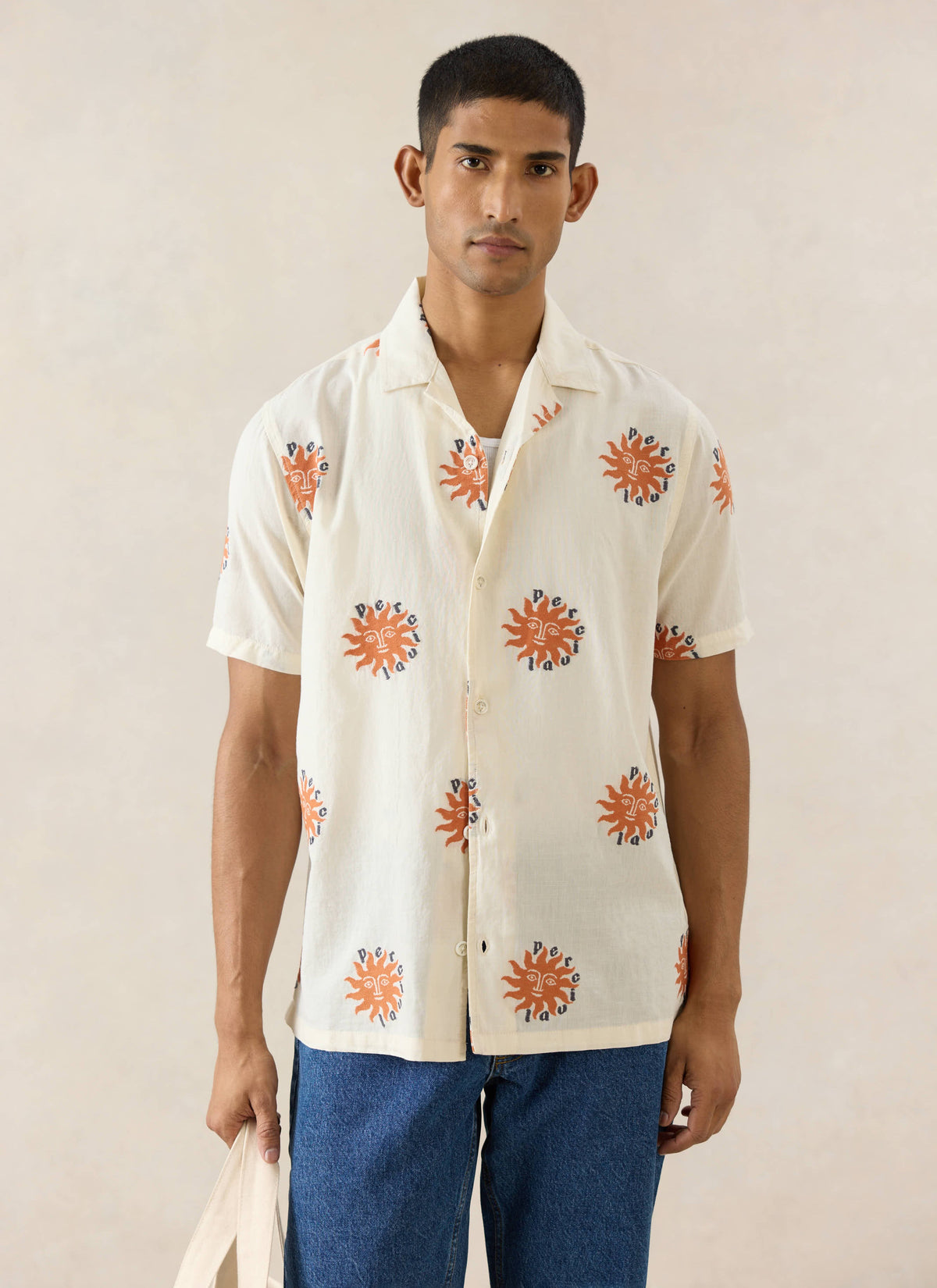 Men's Sun Cuban Shirt - Cream and Orange - 100% Cotton | Percival Customer Favorite