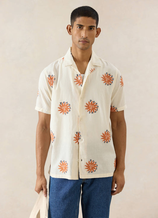 Men's Sun Cuban Shirt - Cream and Orange - 100% Cotton | Percival Customer Favorite