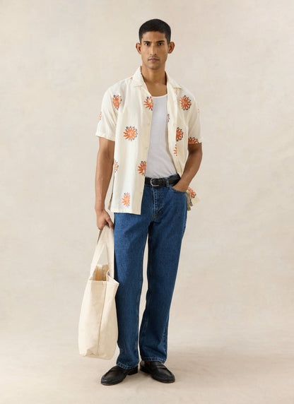 Men's Sun Cuban Shirt - Cream and Orange - 100% Cotton | Percival Customer Favorite