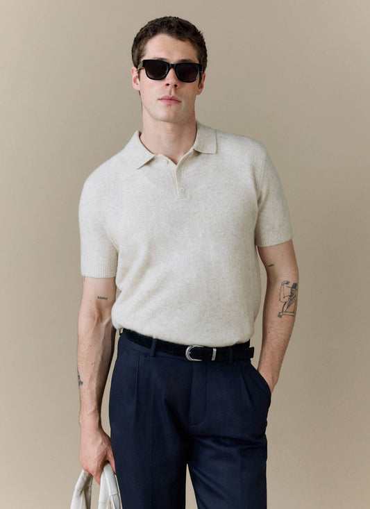 Men's Collins Knitted Polo Shirt - Cream - Yak & Wool | Percival Signature