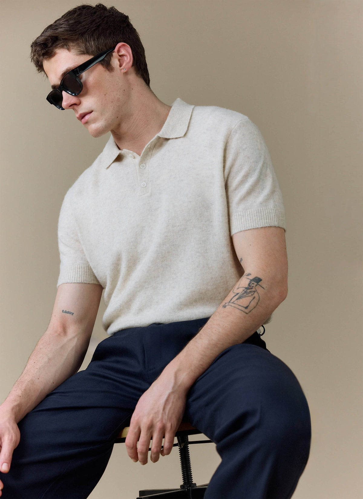 Men's Collins Knitted Polo Shirt - Cream - Yak & Wool | Percival Signature