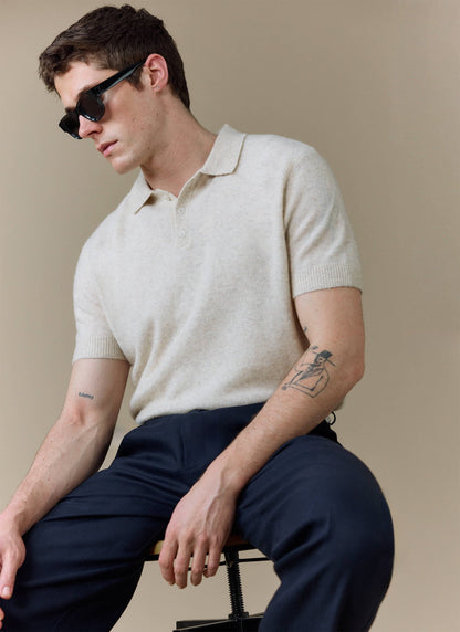 Men's Collins Knitted Polo Shirt - Cream - Yak & Wool | Percival Signature