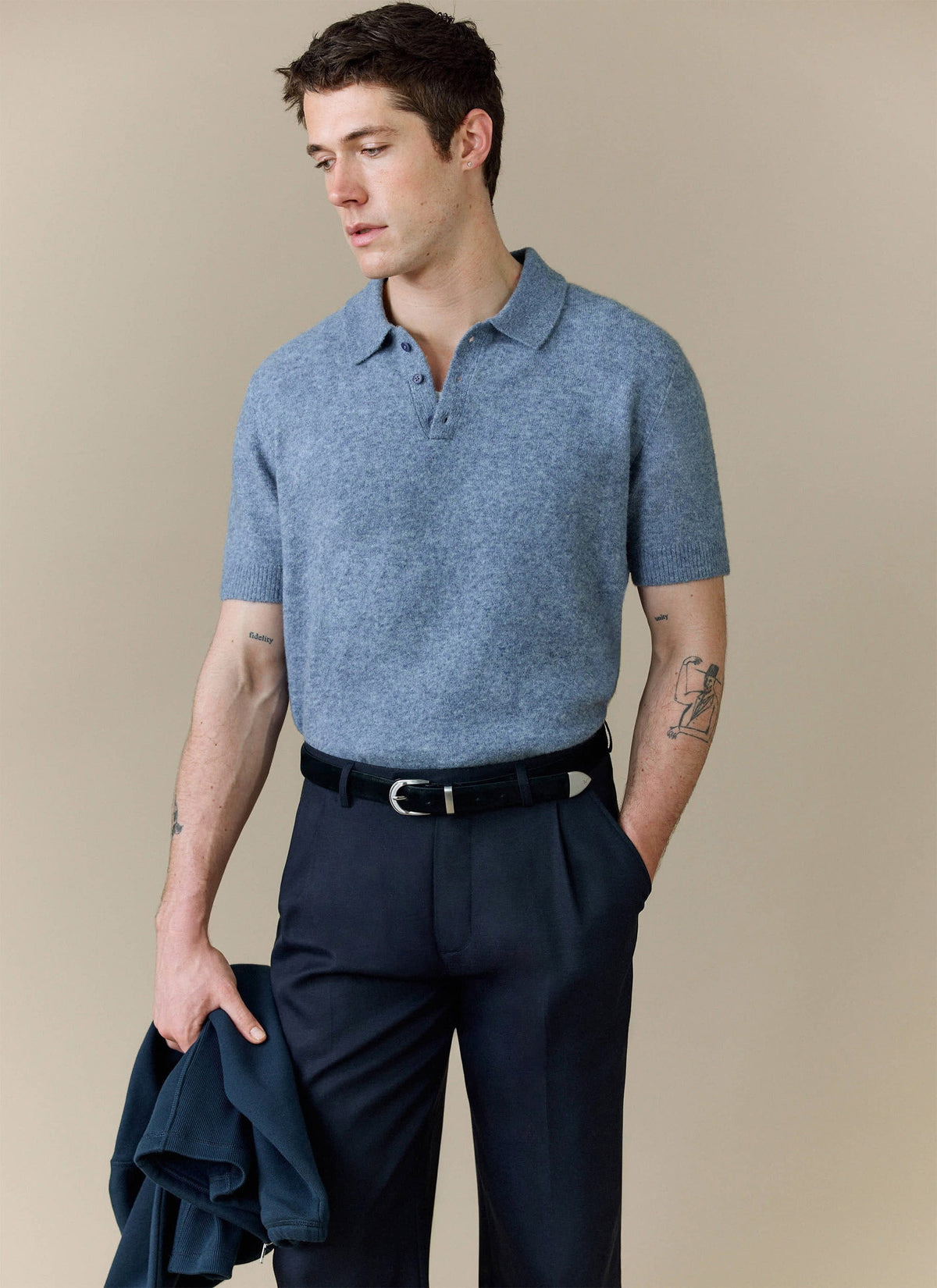 Men's Collins Knitted Polo Shirt - Blue - Yak & Wool | Percival Latest
