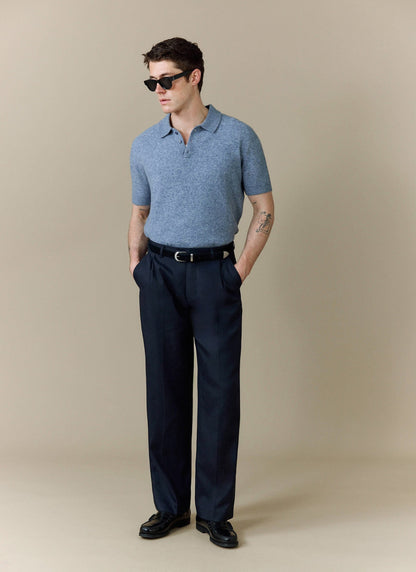 Men's Collins Knitted Polo Shirt - Blue - Yak & Wool | Percival Latest