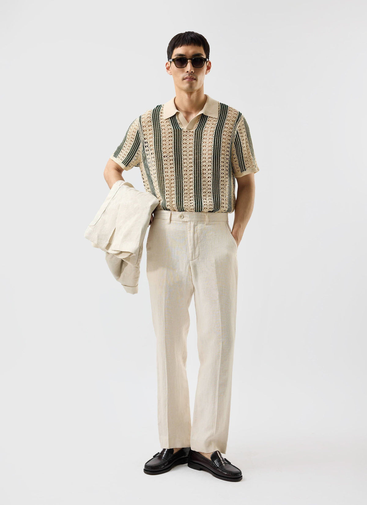 Men's Crochet Polo Shirt: Sarti - Ecru & Forest Green | Percival Discount