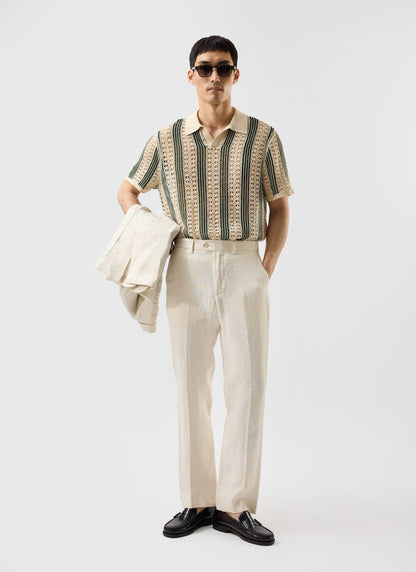Men's Crochet Polo Shirt: Sarti - Ecru & Forest Green | Percival Discount