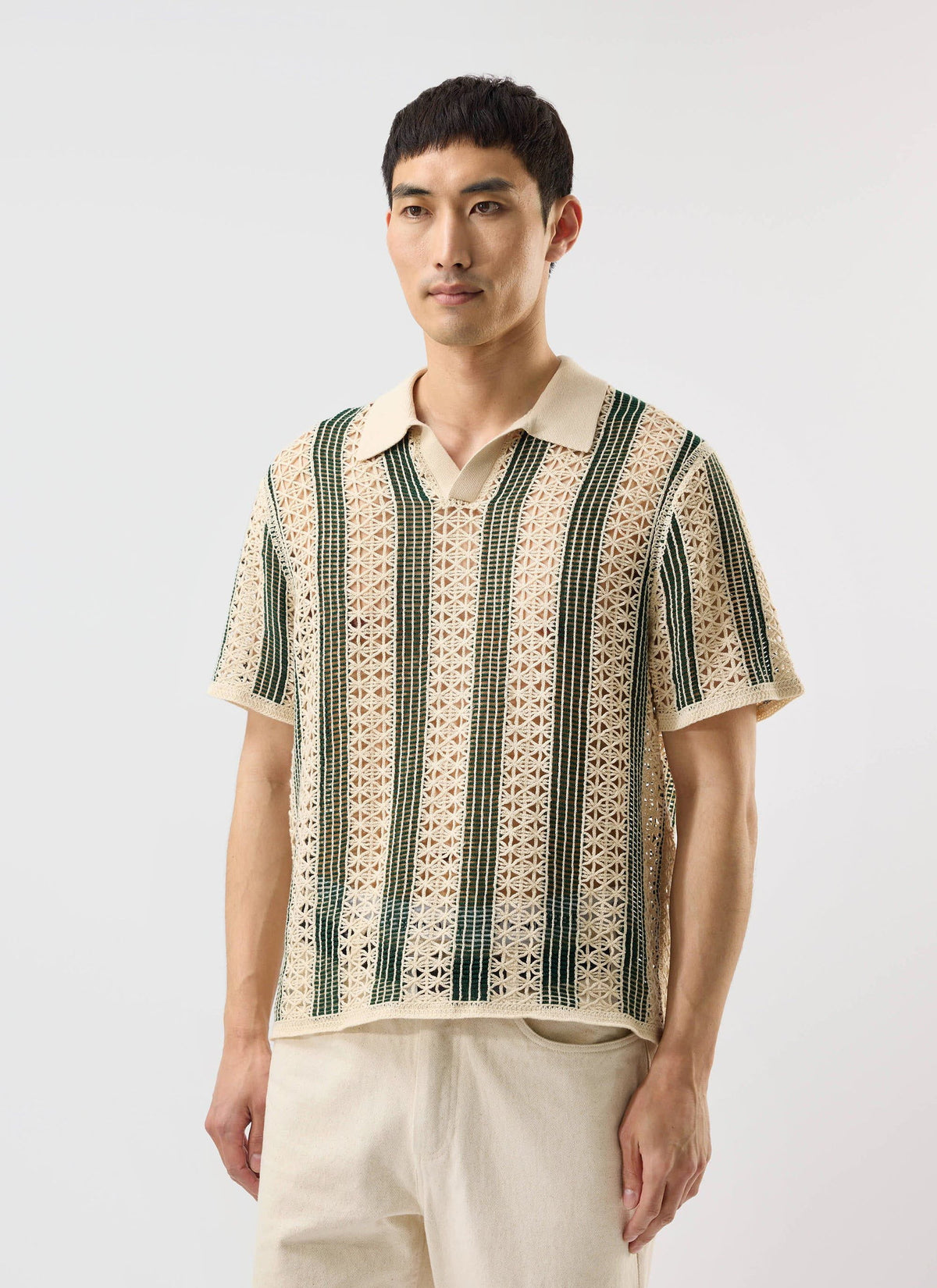 Men's Crochet Polo Shirt: Sarti - Ecru & Forest Green | Percival Discount