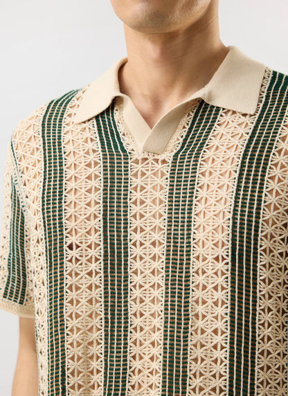 Men's Crochet Polo Shirt: Sarti - Ecru & Forest Green | Percival Discount